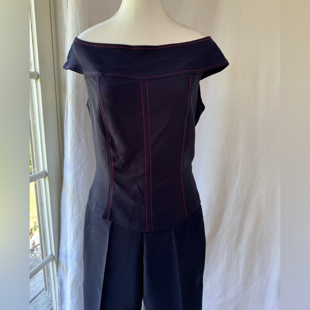 Off-Shoulder Navy Denim Top & Pants (2 piece)